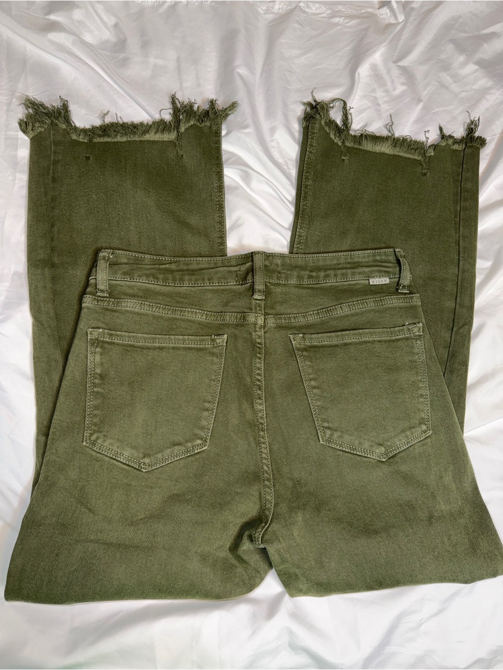Risen Olive Green Wide-Leg Distressed Jeans with Frayed Hem - Picture 5 of 6